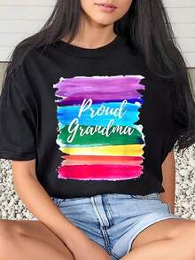 1 Piece Women's T-Shirt With Proud Grandma Rainbow Print, Casual For Everyday Wear, Round Neck, Short Sleeve, Soft And Comfortable, 220g/180g 100% Cotton - 黑色 - 查看 6