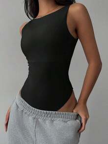 Body sin espalda de punto de unicolor casual para mujer - Negro - Ver 4
