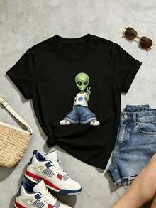 Women's Soft And Casual Summer Crew Neck Short-Sleeve T-Shirt, Retro Tee With Fun Alien Graphic, Suitable For Casual Daily Wear, All Seasons, Going-Out Tops, Cotton, Vintage Style, European And American Street Style, Sporty Casual, Unisex Style, Urban Casual Style, Cute Tops, G - 黑色 - 查看 2