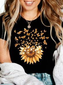 Sunflower Butterfly Graphic T-Shirt, 100% Cotton Oversized Soft Breathable Casual Crewneck Short Sleeve Top, Summer Vibes Aesthetic Tee for Women & Nature Lovers - Negro - Ver 2