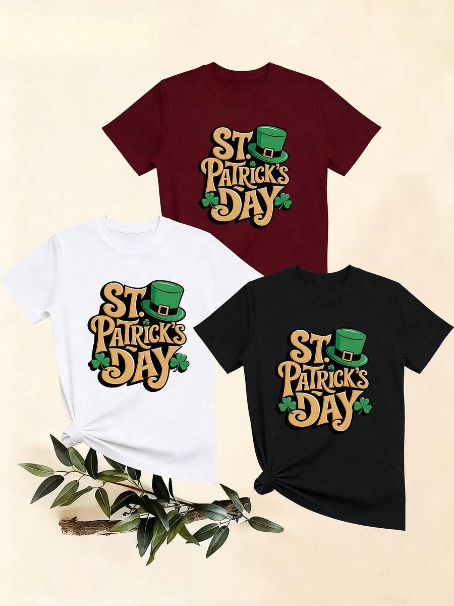 Women's T-Shirts, Women's T-Shirts, Casual One-Piece T-Shirt With St. Patrick's Day Theme, With Fun Hat And Shamrock Print, Comfortable Top, Short Sleeves, Suitable For Festive Use. - 1件白色隨機圖案 - 查看 1