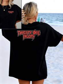 Text That Displays Youthful Energy With Bold Red Letters Symbolizing Strength, Freedom, And A Passion For Music, Reflecting A Determined Attitude. Women's T-Shirt With A Modern And Comfortable Double Print For Everyday Wear. - 黑色 - 查看 1