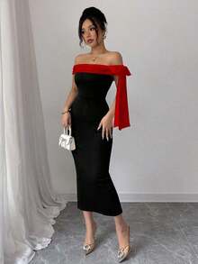 Vestido largo elegante con hombros descubiertos y decoración de lazo - Rojo y negro - Ver 6