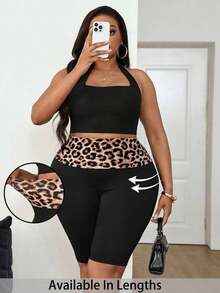 Leggings básicos de color liso para mujer de talla grande, apropiados para shorts de verano hasta la mitad del muslo, adecuados para personas de estatura talla grande baja, leggings de cintura alta, para uso diario, ocio, deportes, vera - Negro 2 - Ver 3
