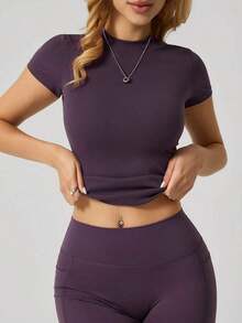1 pieza Camiseta deportiva de manga corta de ajuste ceñido y minimalista para mujer, ideal para el verano - Morado - Ver 5