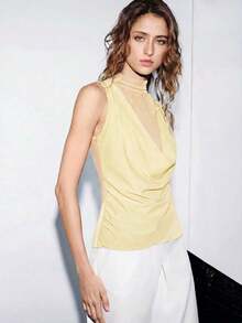 Camiseta sin mangas sexy con cuello drapeado de malla transparente, volantes y bajo asimétrico para mujer, nueva colección primavera/verano - amarillo ganso - Ver 7