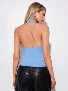 Camiseta corta de mujer de unicolor con cuello de barco y ajuste ceñido - Celeste - Ver 2
