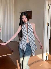 レディース トップス ノースリーブ ホルターネック チェック柄 甘辛 セクシー ショート丈 バックレス 夏 ビーチ リゾート Y2K ストリート 着痩せ 華奢見え 韓国ファッション おしゃれ 可愛い 格子柄 チョーカー風 オープンバック デコルテ きれいめ カジュアル デザイン 10代 20代 海 プール 旅行 イベント フェス ダンス 衣装 個性的 露出 涼しい 肌見せ ギャル 細見え フェミニン 春夏 新作 ブラウス ビスチェ 重ね着 抜け感 骨格ウェーブ 骨格ストレート 鎖骨強調 へそ出し 派手 目立つ 大人可愛い デート服 スタイルアップ デザイン性 着回し 万能 - ホワイト - チェックする 4