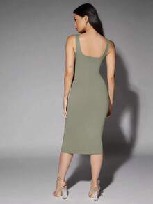 Vestido tank de espalda baja unicolor - Verde militar - Ver 2