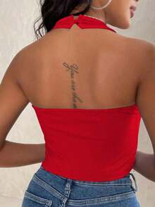 Top de tirantes de mujer de verano, de unicolor, acanalado, con cuello halter, slim y sexy - Rojo - Ver 2