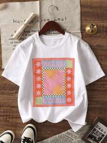 Camiseta Oversize para Mujer con Estampado Gráfico de Sol, Estrellas y Cuadros, Estilo Boho Y2K, Ropa Casual Urbana de Manga Corta y Cuello Redondo, Top Vintage Retro de los 70s con Estampado Hippie, Atuendo para Vacaciones de Verano en la Playa, Uso Diario, Citas, Fiestas, Moda Festiva para Adolescentes, Camiseta Gráfica Holgada y Moderna para Mujeres Jóvenes. TU2F - Blanco - Ver 6