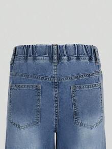 de estilo Y2K para adolescentes, con bordado de corazón, pierna ancha y suelta, tela suave y cómoda, adecuado para uso diario, escuela y transporte - Azul lavado oscuro - Ver 4