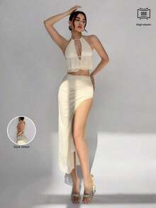 de 2 piezas de top sin mangas y falda de unicolor, conjuntos de verano minimalistas y de moda para mujeres, atuendos elegantes para vacaciones, ropa casual occidental sexy, atuendos para festivales y graduación, conjuntos de playa - Albaricoque - Ver 6
