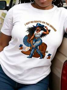1 Piece Women's Vintage Graphic Cowboy Style T-Shirt - Cowgirl Boot Design With Boots On The Floor Slogan, Regular Fit Casual T-Shirt, Soft & Breathable For Celebrations & Casual Outfits, Retro, 180g, 100% Cotton. - 白色 - 查看 6