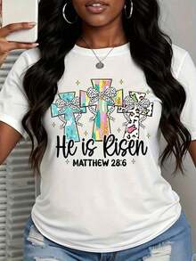 1 Piece Christian T-Shirt For Women With Bible Verse Matthew 28:6 "He Has Risen" And Easter Cross, Gift Of Faith For Spring, White, 180g, 100% Cotton - 黑色 - 查看 9
