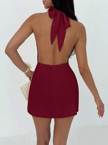 Vestido mini plisado con espalda descubierta y atar para mujer, de estilo minimalista - Burdeos - Ver 2