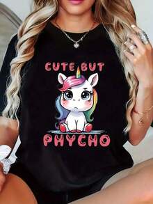 100% cotton Camiseta de manga corta casual de primavera y verano para mujer con cuello redondo y diseño de unicornio emocional y flores - Negro - Ver 7