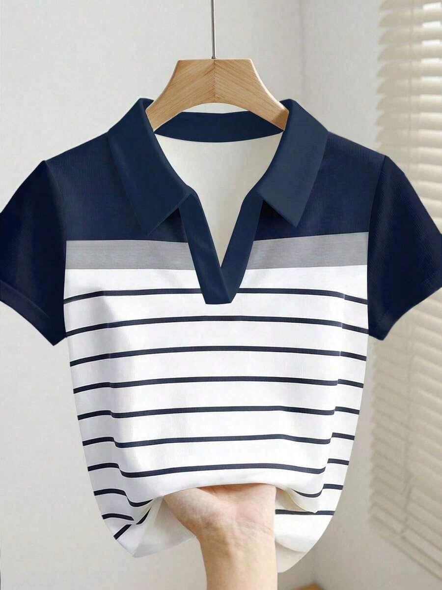 Blusa casual de mujer con cuello polo a rayas y manga corta - Blanco 4 - Ver 1