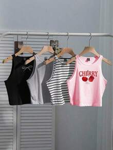 Conjunto de 4 piezas para mujer: Camiseta sin mangas a rayas en blanco y negro, cereza casual para vacaciones, versátil y sexy para el verano y el regreso a la escuela - Multicolor 5 - Ver 1