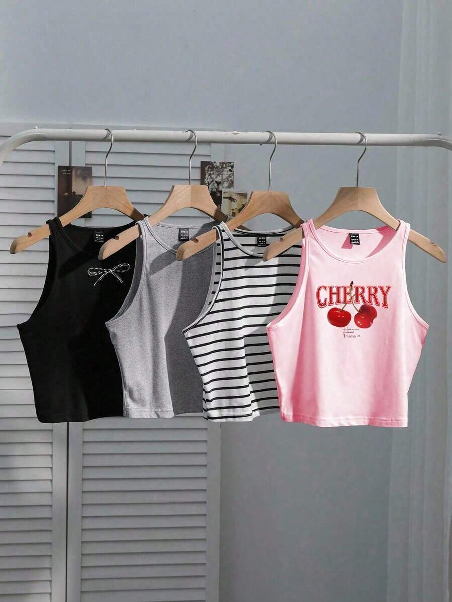 Conjunto de 4 piezas para mujer: Camiseta sin mangas a rayas en blanco y negro, cereza casual para vacaciones, versátil y sexy para el verano y el regreso a la escuela - Multicolor 5 - Ver 1
