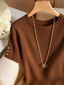 Elegante camiseta de punto de cuello redondo, top de punto minimalista de moda, primavera/verano - Óxido marrón - Ver 3