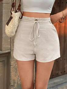 Shorts informales y holgados de mujer de tejido de lino arrugado con cordón - Albaricoque - Ver 8
