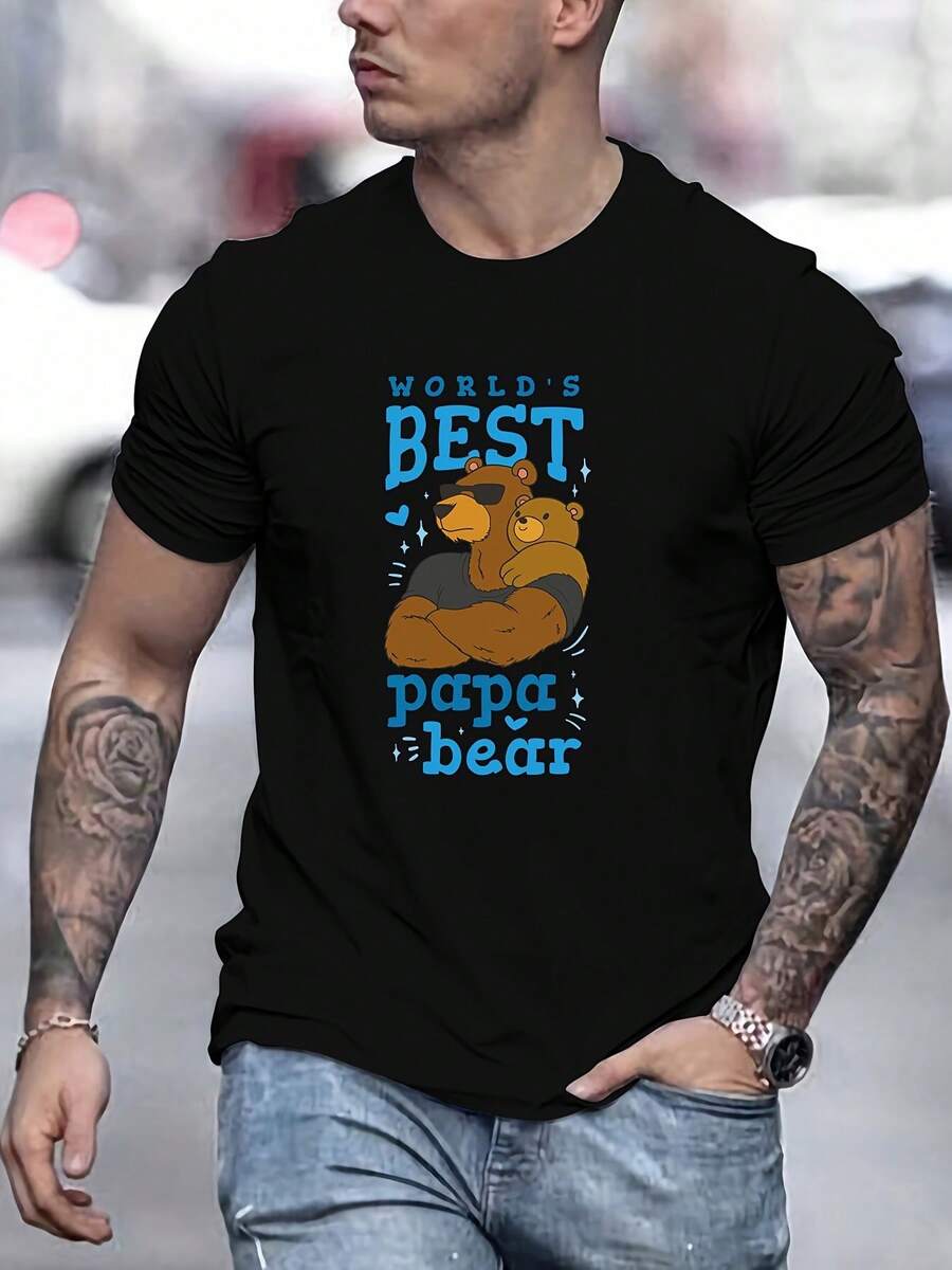Camiseta de manga corta con cuello redondo y estampado gráfico "El Mejor Papá Oso del Mundo" para hombre, ideal para primavera, verano y otoño. - Negro - Ver 1