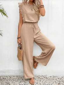 Conjunto de 2 piezas de blusa con ribete de encaje de unicolor y pantalones de pierna ancha para mujer, casual para vacaciones y viajes, primavera/verano - Caqui - Ver 5