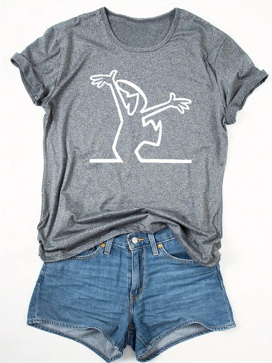 Women's Short Sleeve Sports T-Shirt With Round Neck And Fun Design - Gray - View 1