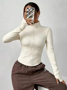 Chaqueta de manga larga de punto ajustada con protección solar para mujer en otoño/invierno, color albaricoque - Albaricoque 2 - Ver 5