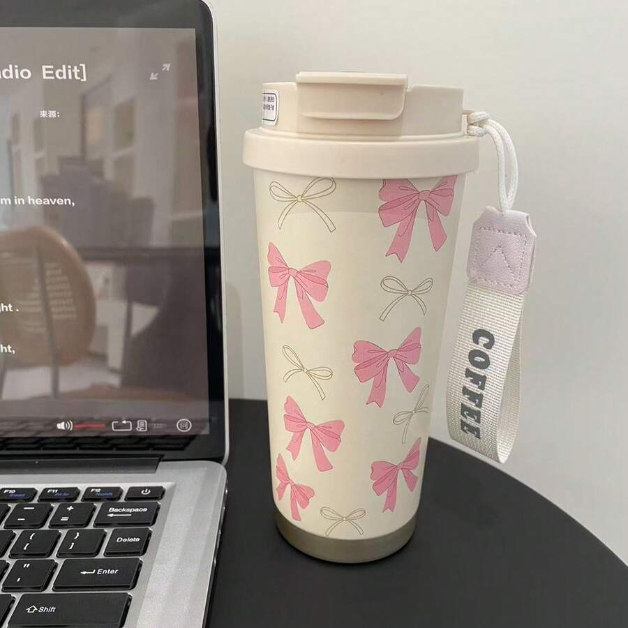 1个/5个装 500毫升 可爱返校印花塑料杯，带吸管和盖子，防漏可重复使用水瓶，适用于冷热饮，配有粉色挂绳，是送给学生、女生和青少年的理想礼物