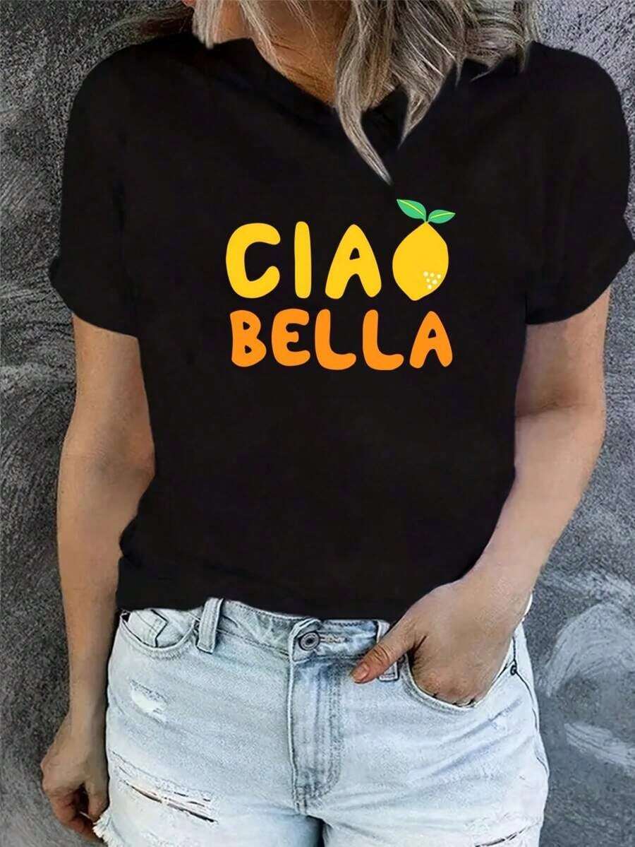 Camiseta Casual de Manga Corta para Mujer CIABELLA - Estampado de Limones, Cuello Redondo 100%, Diseño de Rodajas de Limón y Frutas Cítricas, Blusa Lavable a Máquina para Atuendos de Primavera y Verano. - Negro - Ver 1