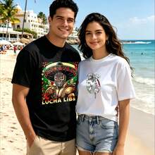 2-Piece Couple Matching Pattern T-Shirt, 100% Cotton, Loose Fit, Soft And Breathable, Casual Round Neck Short Sleeved Top Lucha Libre Wrestler Design With Mexican Flag Elements Versatile Patterns No Picky Combinations Coordinated Dating Casual Travel Simple And Cartoonish Printing Styles High - 黑色 - 查看 1