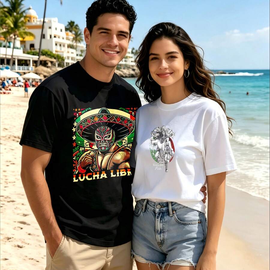 2-Piece Couple Matching Pattern T-Shirt, 100% Cotton, Loose Fit, Soft And Breathable, Casual Round Neck Short Sleeved Top Lucha Libre Wrestler Design With Mexican Flag Elements Versatile Patterns No Picky Combinations Coordinated Dating Casual Travel Simple And Cartoonish Printing Styles High - 黑色 - 查看 1