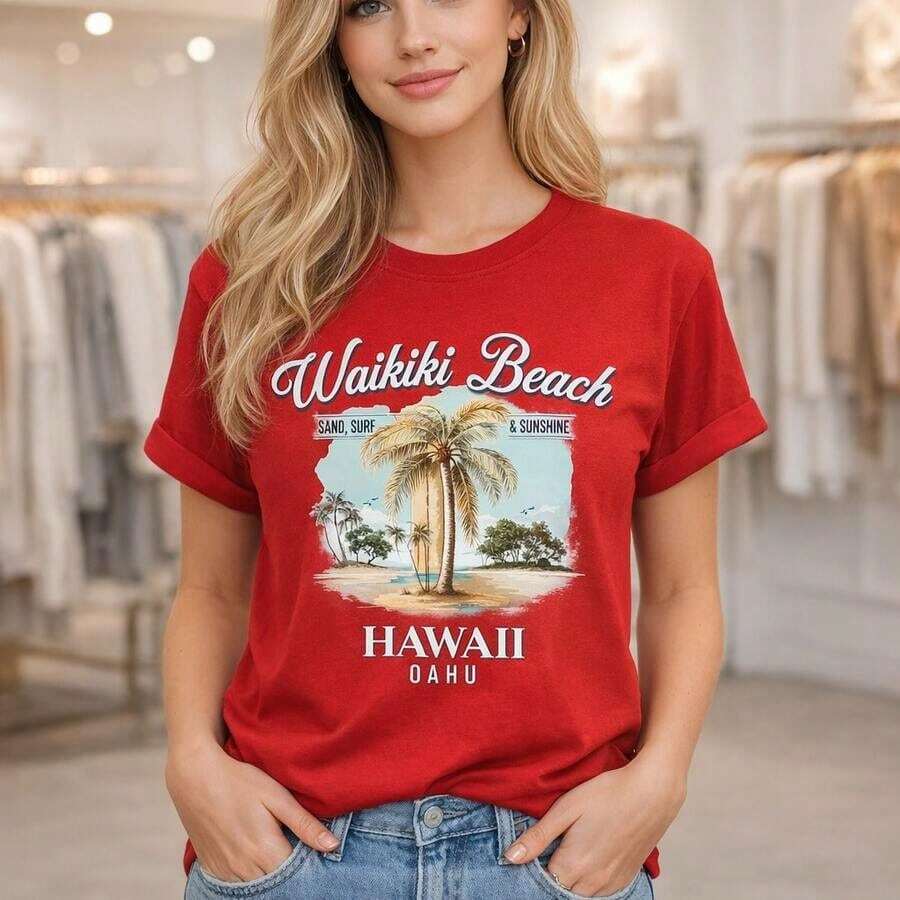 Camiseta de algodón con estampado de playa Waikiki para mujer, talla grande, M-5XL, camiseta casual de manga corta, estilo vintage con gráfico de palmeras hawaianas, corte relajado, ropa de verano para vacaciones en la playa, tela de algodón suave y cómoda, camiseta básica casual de talla grande para mujer, adecuada para primavera, verano y otoño. - Rojo - Ver 1