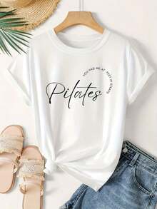 Camiseta Casual para Mujer con Estampado Deportivo de Pilates y Letras Inglesas Modernas Minimalistas, Manga Corta para Verano y Otoño, Ropa Elegante para Vacaciones. Top de Pilates Vintage Holgado y Versátil, 100% Algodón, Duradero - Blanco - Ver 1