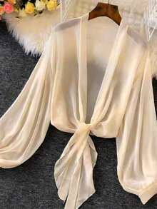 de punto con mangas farol y lazada delantera para mujer, prenda ligera de verano - Caqui - Ver 2