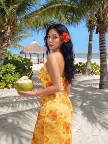 Top de tirantes asimétrico con decoración metálica y estampado floral sexy para vacaciones - Amarillo - Ver 2