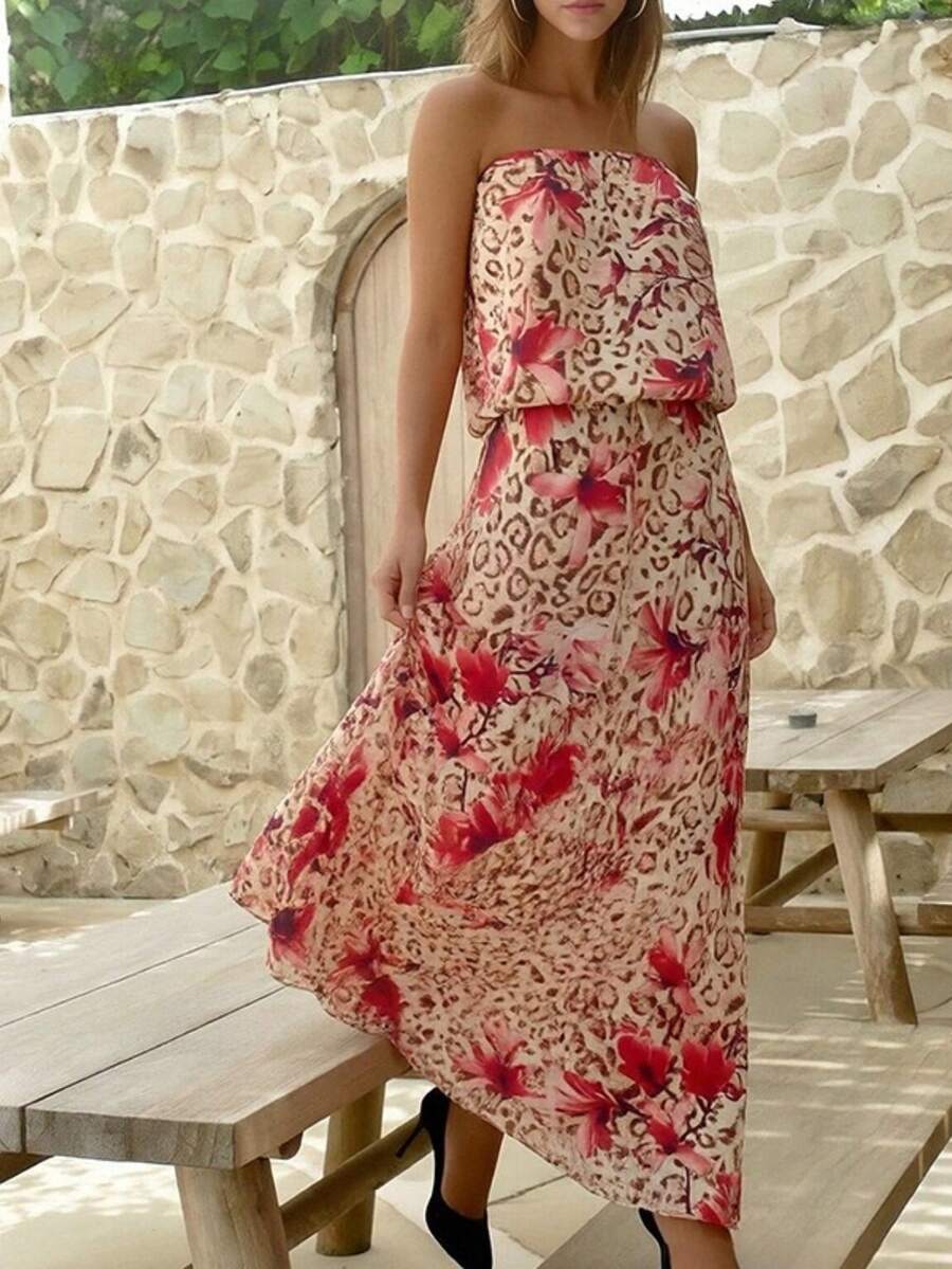 Vestido largo estampado leopardo primavera 2026, escote bandeja estilo sexy - Rosa - Ver 1