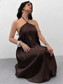 de línea A elegante, refinado, romántico, digno, minimalista para ir al trabajo, uso diario, Día de San Valentín, citas, fiestas, invitados de boda, vacaciones - Marrón - Ver 3