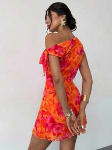 Elegant Off-The-Shoulder Floral Vacation Dress, Floral Mesh Dress, Asymmetrical Neckline Dress, Perfect For Spring/Summer, Beachwear, Elegant, Vacation, Beach, Hawaii, Date, Music Festival, Graduation, Prom - 橘色 - 查看 7