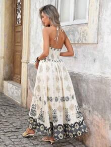 YHHBrillora Vestido largo de vacaciones con estampado geométrico jacquard sin espalda para mujerYHH - Blanco y Negro - Ver 3