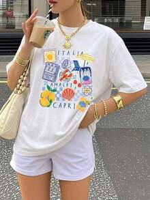 Women's Oversized Short Sleeve T-Shirt, "European Summer" Style: Capri And Amalfi Island Lemon Print. Vintage Italian Style Vacation Top.  Beach And Holiday Wear. Casual White 100% Cotton - 白色 - 查看 1