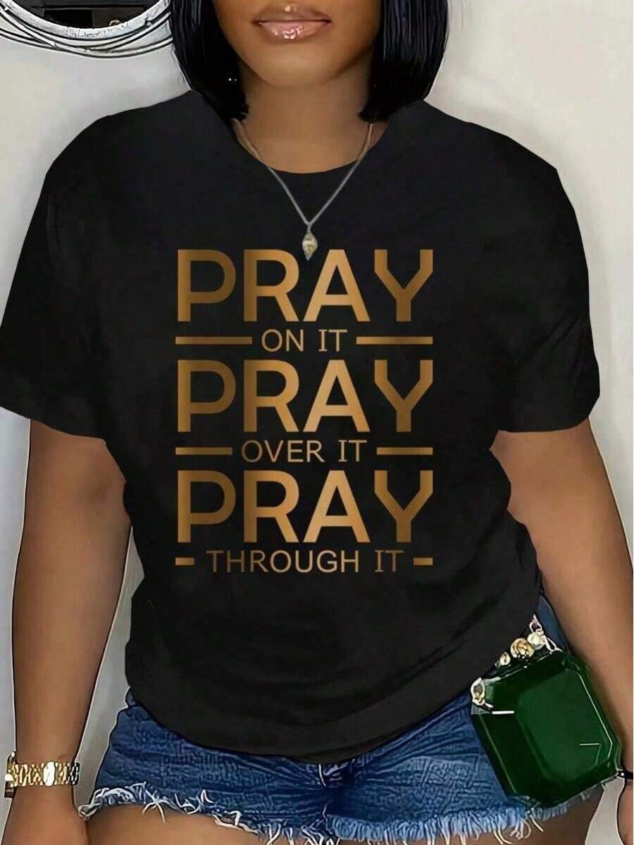 Women's Short-Sleeved T-Shirt, Casual, Round Neck, Modern, Versatile, Slogan Print, For Summer, Informal Style. - Hitam3 - View 1