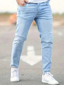 1 buah Celana Jeans Denim Biru Slim Fit Pria dengan Kantong Resleting - Biru - View 2
