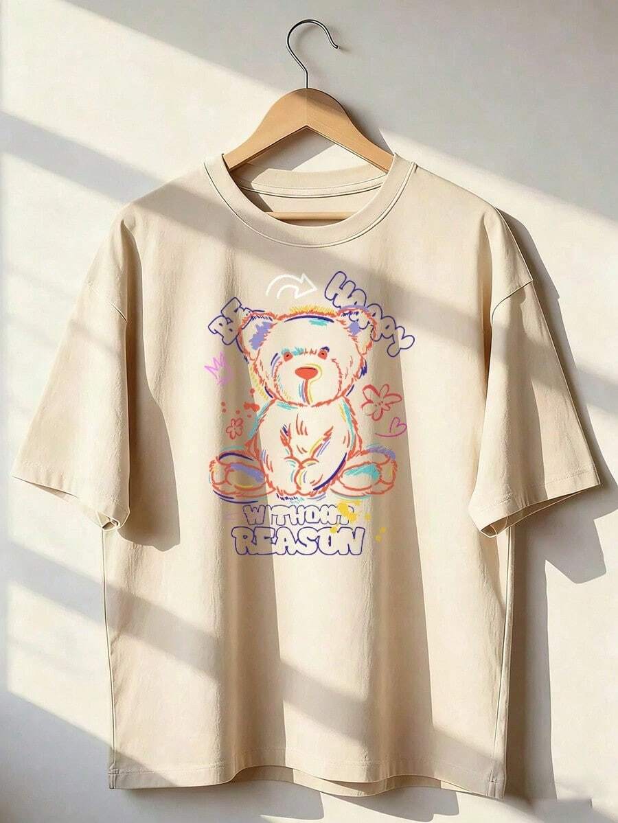 T-Shirt With Graffiti-Style Teddy Bear And "Be Happy" Text, Short-Sleeve T-Shirt For Spring/Summer 2026, Made In Mexico, 180 Grams. Cartoon Print, Couple Design, Suitable For Indoor Or Outdoor Wear. Crew Neck, Unisex, Ideal For The Office And Leisure. One-Pack. - APR-P631577SLNDXZGY498 - 查看 1