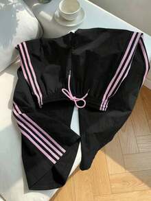 Pantalones de chándal casuales y holgados con cintura elástica y rayas laterales marrones para mujer - Negro - Ver 3