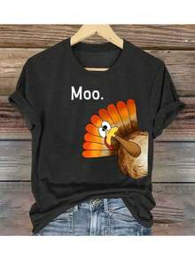 Cute Turkey Graphic T-Shirt For Men & Women - 100% Cotton Short Sleeve Shirt With Funny Turkey Suitable For Christmas/Halloween/ThanksGiving - Regular Fit Comfortable Stretch Fabric Family Matching Holiday Outfits - 黑色 - 查看 1