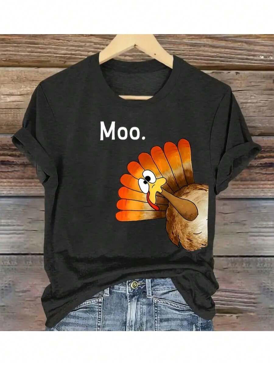 Cute Turkey Graphic T-Shirt For Men & Women - 100% Cotton Short Sleeve Shirt With Funny Turkey Suitable For Christmas/Halloween/ThanksGiving - Regular Fit Comfortable Stretch Fabric Family Matching Holiday Outfits - 黑色 - 查看 1