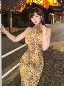 Bestselling Leopard Print Wrap Dress, High Waist, Open Back, Fitted Cut - Gold - View 1